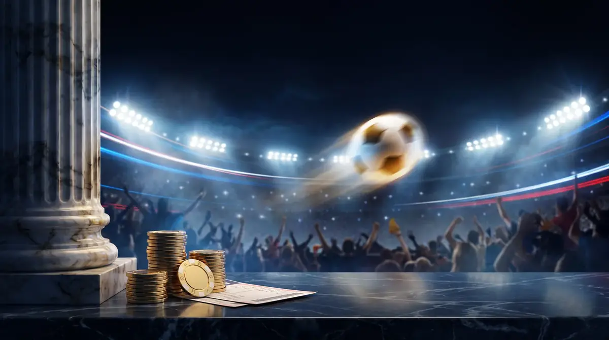Stade de football illuminé la nuit, ambiance de paris sportifs